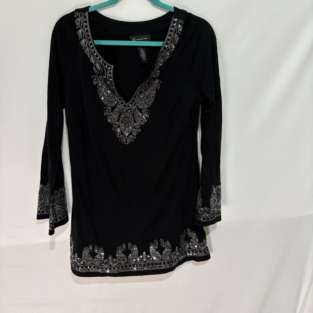 INC International Concepts Women Black Embellished Tunic Top XL Cotton Blend